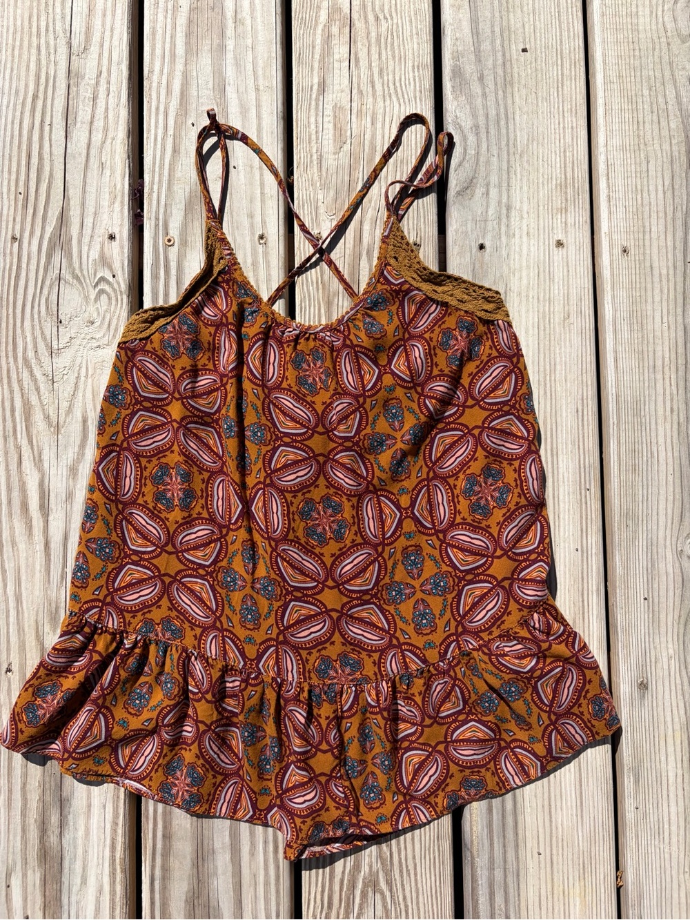 Melrose and Market‎ Size M Printed Lace Trim Strappy Tank Top Hippie Bohemian